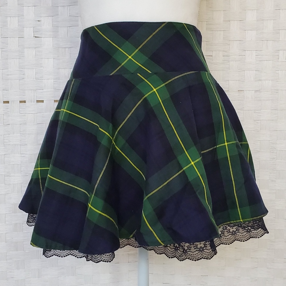 Who.A.U Green Yellow Plaid Mini Skirt